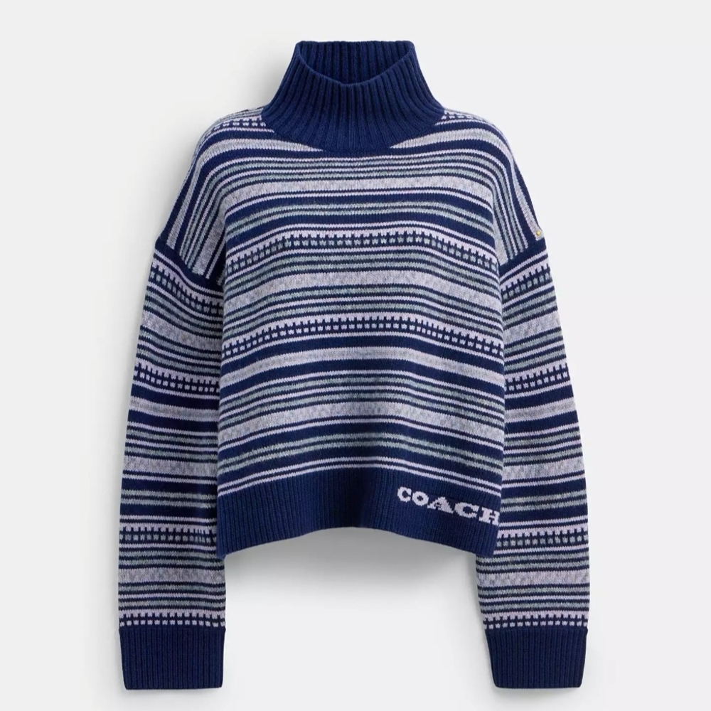 Coach Blue and Gray Striped Turtleneck Sweater